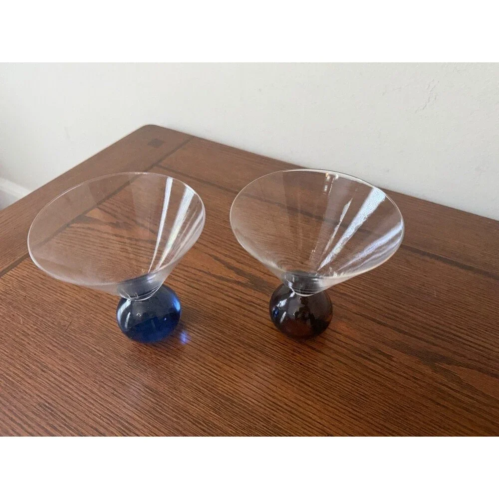 Set of 2 Post Modern Clear Glass Martini Glasses Blue & Amber Ball Base